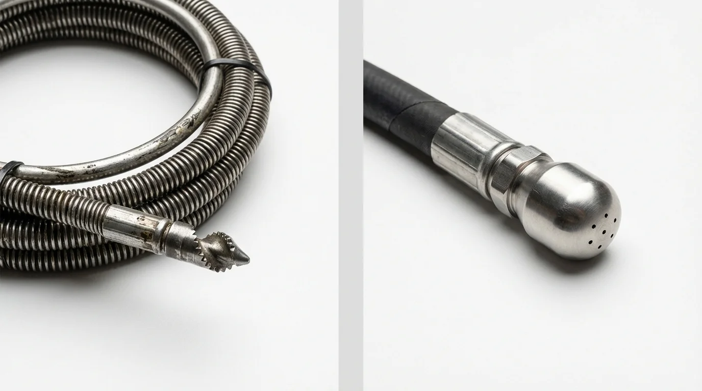 Drain snake cable and hydro jetting nozzle used for drain cleaning in Romeoville, IL
