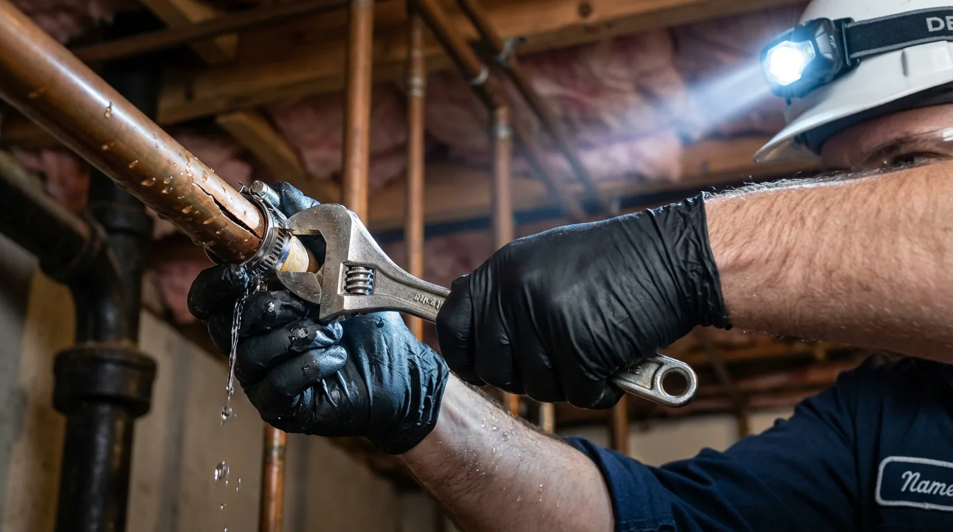 Emergency pipe clamp repair being performed by a Johns Plumbing LLC plumber in Romeoville