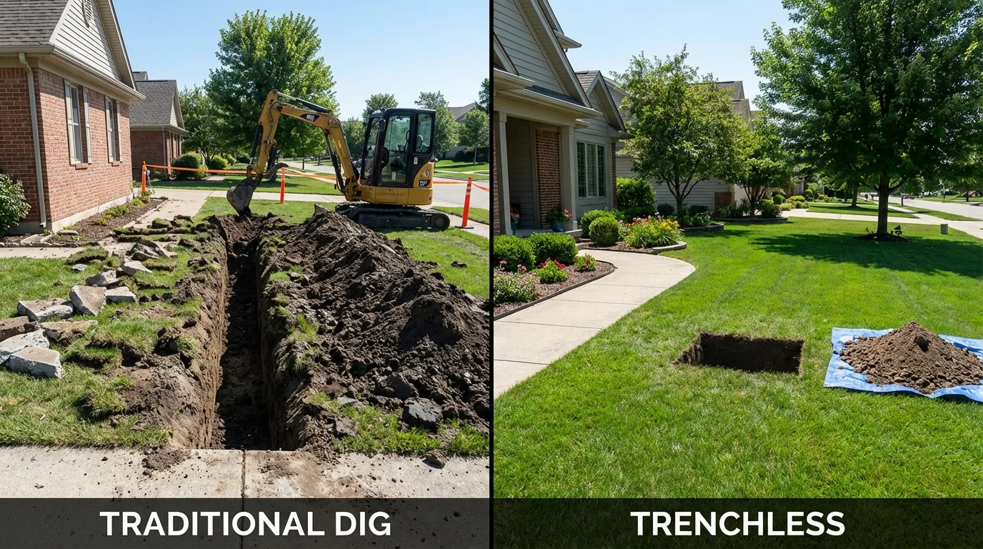 Trenchless sewer repair with minimal yard damage versus traditional excavation in Romeoville, IL