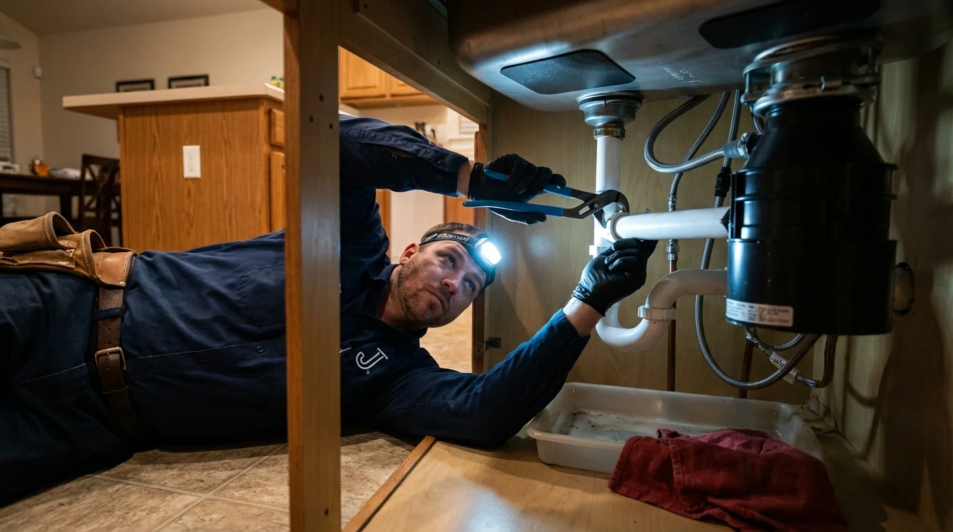 P-trap and supply line connections under a kitchen sink showing a common leak point in Romeoville, IL